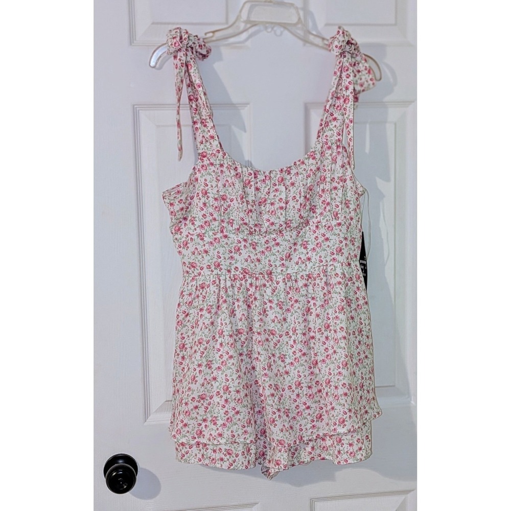 Trixxi Floral Print Tie Shoulder Romper Ivory Pink Green Ruffle Hem XL NWT